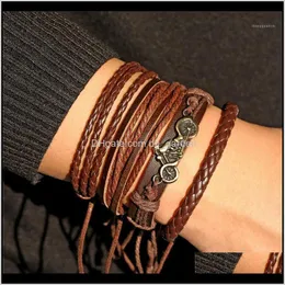 Charm Bracelets Vintage Motorcycle Jewelry Mtilayer Brown Leather Men Fashion Handmade Braided Rope Bracelet Bangle Women Aessories1 Drop De