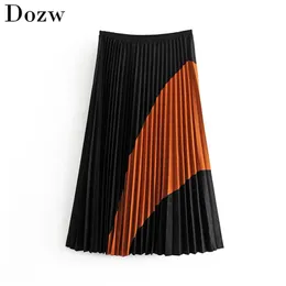 Women Vintage Patchwork Suede Pleated Skirt Stylish High Waist Side Zipper Ladies Midi Skirts Faldas Mujer Moda 210515