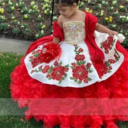 Röd satin broderi spets blomma tjejer klänningar halter hals plus storlek tiered tåg pärlstav barn fotografi klänningar