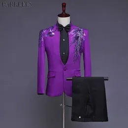 Lila Diamant Design Stand Collar 3 Piece Vit Tuxedo Suit Män Party Bröllop Mens Passar Med Pants Stage Singer Kostym Homme X0909