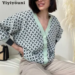 Yiyiyouni Oversized Striked Printed Cardigans Kvinnor Höst Vinter Cashmere V-Neck Loose Sweater Kvinna Casual Knitwear Toppar 211103
