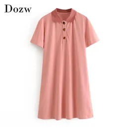 Solido Casual T Shirt Dress Donna Manica Corta Estate Mini Turn Down Collar Dolce Tunica es Vestido Mujer 210515