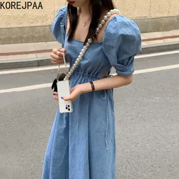 Korejpaa mulheres vestido verão francês Retro quadrado colar cuidadosamente usinado oco vazamento cintura sopro manga sleeve denim vestidos 210526