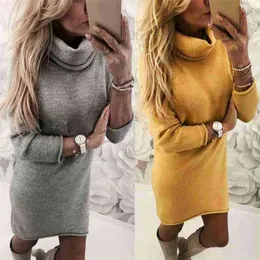 Fashion lady's sweater Solid Turtleneck Sweater Long Casual Long Sleeve Pullove Dress turtleneck sueteres vestido gola alta 210426