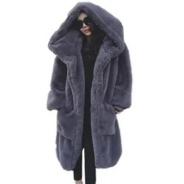 Women's Fur & Faux Black Dark Gray Coat Autumn Winter Large Size Loose Hooded Warm Jacket Imitate Hairy Thickened Long Outwear