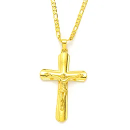 9K żółty Solid Gold GF Włoski Jezus Krucyfiks Szeroki Krzyż Wisiorek Figaro Link Łańcuch Naszyjnik 24 "3mm Damskie Męskie