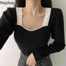 Neploe Elegant Beading Sweaters for Women Chic Square Collar Patchwork Lace Knitted Pullovers Slim Sweet Puff Sleeve Sueter Tops 210422