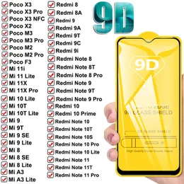 Full omslag 9D-tempererat glasskivsskärmskydd för Xiaomi POCO X3 NFC M3 PRO F3 10 MI 9 8 SE A3 A2 LITE 6X MAX 2 3 Blanda 2 3 RedMi 9 9A 9T9C 8a 9AT K40 OBS 10 PRO 8T10T10S 9S