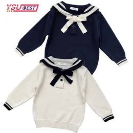 春の秋のセーター子供の女の子長袖純粋な色ニットセーター海軍スタイルの子供女の子プルオーバーセーター子供の服Y1024