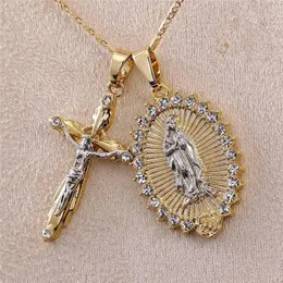 Klassische vergoldete Kreuz-Kruzifix-Jesus-Anhänger-Halskette, Halskette, Jungfrau Maria, religiös, christlich, 2 Anhänger, Halsreif, Schmuck für Männer und Frauen, Geschenke, glänzendes Bijoux