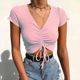 Sexy V Neck Cropped Tank Tops Kobiety Catchstring Tie Up Front Camis Cukierki Kolory Streetwear Slim Fit Fibbed Crop Top 210426