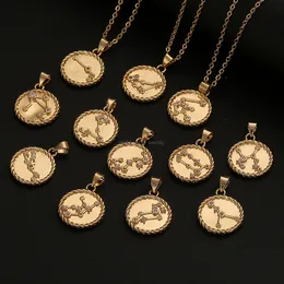 Twelve Zodiac Sign Necklace Gold Chain Copper Libra Crystal Coin Pendants Charm Star Sign Choker Astrology Necklaces for Women Fashion Jewelry Will and Sandy