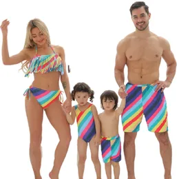 Rainbow Swimsuit Family Matching Outfits Look Mother Daughter Swimwear Mommy and Me Bikini Dress Clothes Dad Son Swimming Shorts 210417
