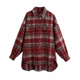 Evfer Mode Kvinnor Woolen Röd Plaid Long Jackor Oversize Kvinnlig Casual Singel Breasted Sleeve Vinter Tjock Coats Outwear 210421