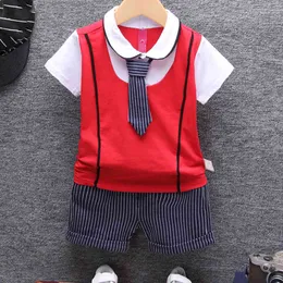 Pojke uppsättning sommar bomull baby barn kläder formell födelsedagsfest kläder kostym t-shirt + byxa + tie 3pcs barn 210515