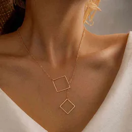 HuaTang Simple Design Hollow Square Pendant Necklace for Women Geometric Metal Clavicle Chain Female Summer Jewelry Accessories G1206