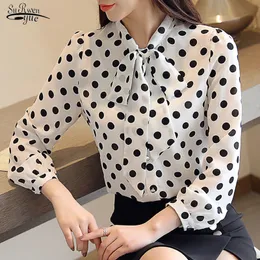 Blusas Sonbahar Kore Şifon Gömlek Kadın Hırka Tops Moda Papyon Gevşek Uzun Kollu Polka Dot Casual Bluz 10642 210521