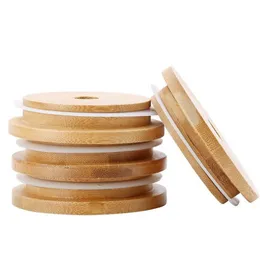 Bamboo Cap Lids 70mm 88mm Reusable Bamboo Mason Jar Lids with Straw Hole and Silicone Seal