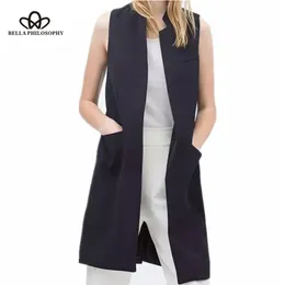 Bella Blazer Casual Mulheres Colete Waistcoat Mulheres Long Terno Colete Jaqueta Feminina Casaco Preto Bolsos Escritórios Lady 210817