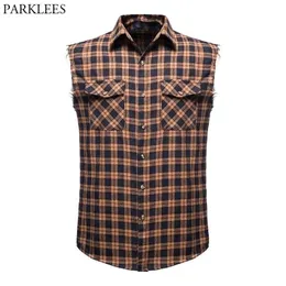 Retro Plaid Sleevless Cowboy Kowbojska Koszula Mężczyźni Podwójna Pocket Casual Flanel Bawełniane Koszulki Męskie Plaża Party Kamizelka Koszula Koszula Homme 210522