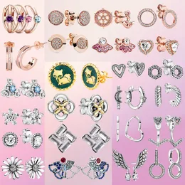 Hoop & Huggie 925 Sterling Silver Earrings Sparkling Pink Solitaire Wishbone Heart Stud Women Jewelry Gift