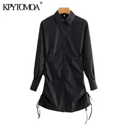 Women Fashion With Drawstring Tied Pleated Mini Shirt Dress Vintage Long Sleeve Button-up Female Dresses Vestidos 210416