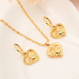 Jewelry set Europe 18 k Yellow Solid Fine G/F Gold heart Pendant Necklaces Earrings African Girl Gift