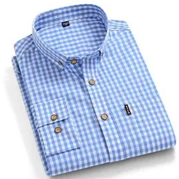 Tunna 100% bomullsrelatskjortor för män långärmad vanlig passform rutig klänning skjorta mens blå mjukt bekväm man 210708