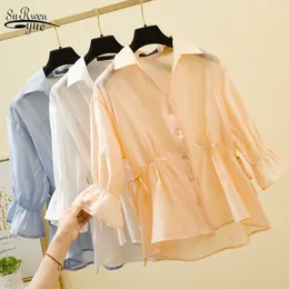 Koreański Styl Szyfonowy Pół Rękawem Potniei Plus Rozmiar Luźny Przycisk Lace Up Summer V-Neck Koszulki Kobiet Ubrania Blusa 9982 210521