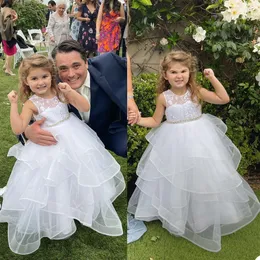 Adorável flores brancas meninas vestido jóias pescoço de jóia uma linha crianças vestidos de festa de aniversário crianças vestir casamento formal vestido formal