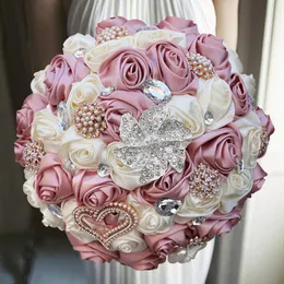 Decorative Flowers & Wreaths 1Pcs/lot Purple Wedding Bouquet Ivory Satin Rose Artificial Brooch Marriage Rhinestone Bridal Bridesmaid Bouque
