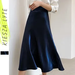 Elegant Women Satin Skirt Summer High Waist Midi Shiny Silk Imitation Metallic Blue Party A Line Skirts Bottoms 210608
