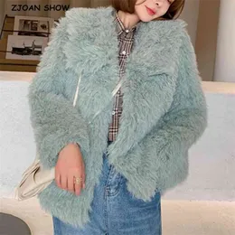 HIGH QUALITY Winter Navy collar Long Hairy Shaggy Faux Sheep Fur Coat Loose Curly ry Women Jacket Short Outerwear 210429