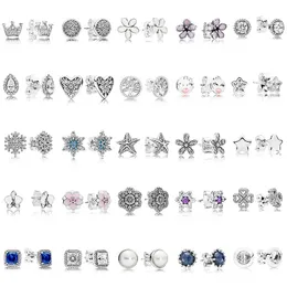 100% 925 Sterling Silver Pan Studs Earring Round Flower Heart Blue Crystal Studs Earring For Women Jewelry Gift 220211