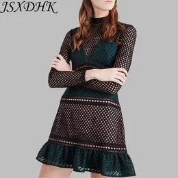 Casual Dresses JSXDHK Sexig 2021 Höst Kvinnor Party Klänning Själv Porträtt Runway Black Green Patchwork Långärmad Lace Hollow Out Mermaid