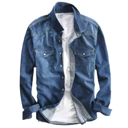 Mäns långärmad fasta denimskjorta mode märke klassisk retro denim pocket dekoration affärskjorta våren och höst toppar 210705