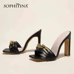 SOPHITINA Sandals Woman Mules Slip On Chain Metal Decoration Square Toe Super High Square Heel Dress Shoes PB69 210513