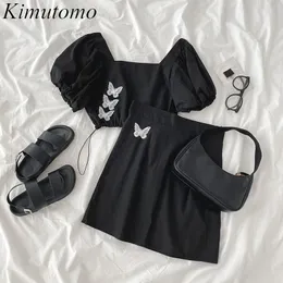 Kimutomo eleganta casual set sommar kvinnlig fyrkantig krage kort puff ärm fjäril spets broderi toppar och mini kjol 210521
