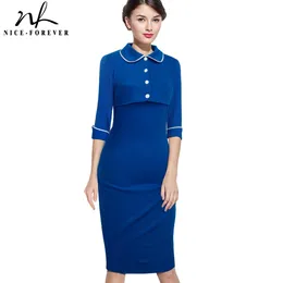 Nice-forever Autumn Women Vintage Stand Collar Abiti eleganti Business Work Bodycon Slim Dress btyB276 210419