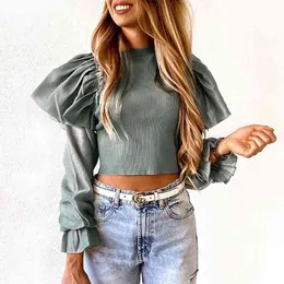 Women Fashion Ruffle Patchwork Organza Cropped Knitted Woman Pollover Sweaters Winter Slim Pullover Pulls Femme Jumper Tops 210415