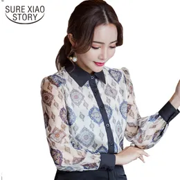 Camicetta di chiffon coreana delle donne di modo elegante stampata Flora maniche lunghe casual top abbigliamento femminile camicia allentata Blusa D287 30 210521
