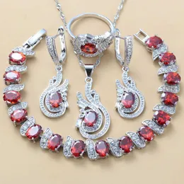 Bridal Srebrny Kolor Ślub Kostium Biżuteria Zestawy Naturalne Red Garnet CZ Kolczyki Naszyjnik Bransoletka I Ring Sets H1022