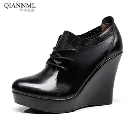 Plus Size 33-41 Lace Up Wedges Shoes For Women 2021 Autumn Platform Pumps Woman High Heels Black Office Ladies 11cm Dress