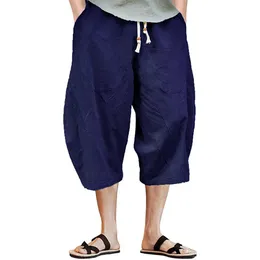 Men's 3/4 Cotton Linen Shorts Baggy Loose Fit Summer Casual Cargo Trousers Capri Solid color Soft Comfort X0705