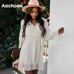 Dot Embroidery Elegant Chiffon V Neck Casual A Line Flare Long Sleeve Beach Mini Dress Kobieta Sukienka 210413