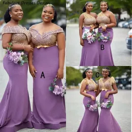 Bridesmaid Dresses Purple Light Mermaid Plus Size Gold Sequins One Shoulder Floor Length Ruffles Custom Made Maid of Honor Gown Beach Country Wedding