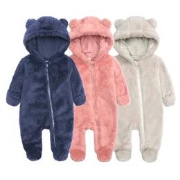 3-6-9-12 Months baby Boy girl clothing Rompers Long Sleeve Flannel Rompers Zipper Hooded kid romper clothes For Autumn Winter Outwear
