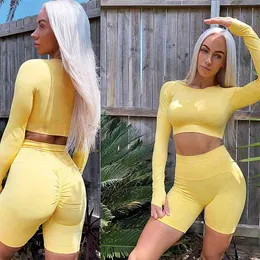 Summer Sport Set Women Yellow Two Piece 2PCS Long Sleeve Crop Top T-Shirt Booty Shorts Workout Outfit Fitness Gym Suit Yoga 210813