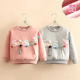 Herbst Warme Mode 2 3 4-10 Jahre Langarm Brief Ball Perle Hoodies Kinder Baby Mädchen Plus Velet winter Sweatshirts 210529