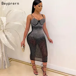 Beyprern Beautiful Crystal Studded Midi Dress For Women Sparkle Spagetti Straps Bodycon Sequin Party Dress Chirstmas Outfits X0521